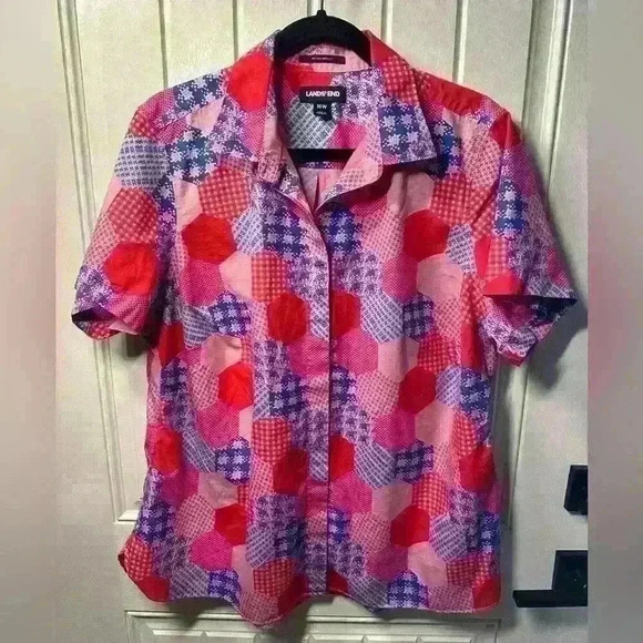 Lands End Women’s 16W button down Supima pink red blue shirt - Picture 1 of 2